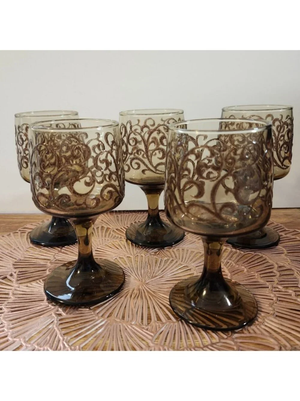 Libbey Prado Tawny Brown Raised Scroll Vintage Wine Water Goblets